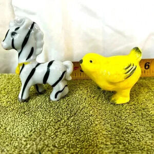 Set of 2 Vintage Japanese Chalkware Figurines Yellow Chick & Zebra With Bell